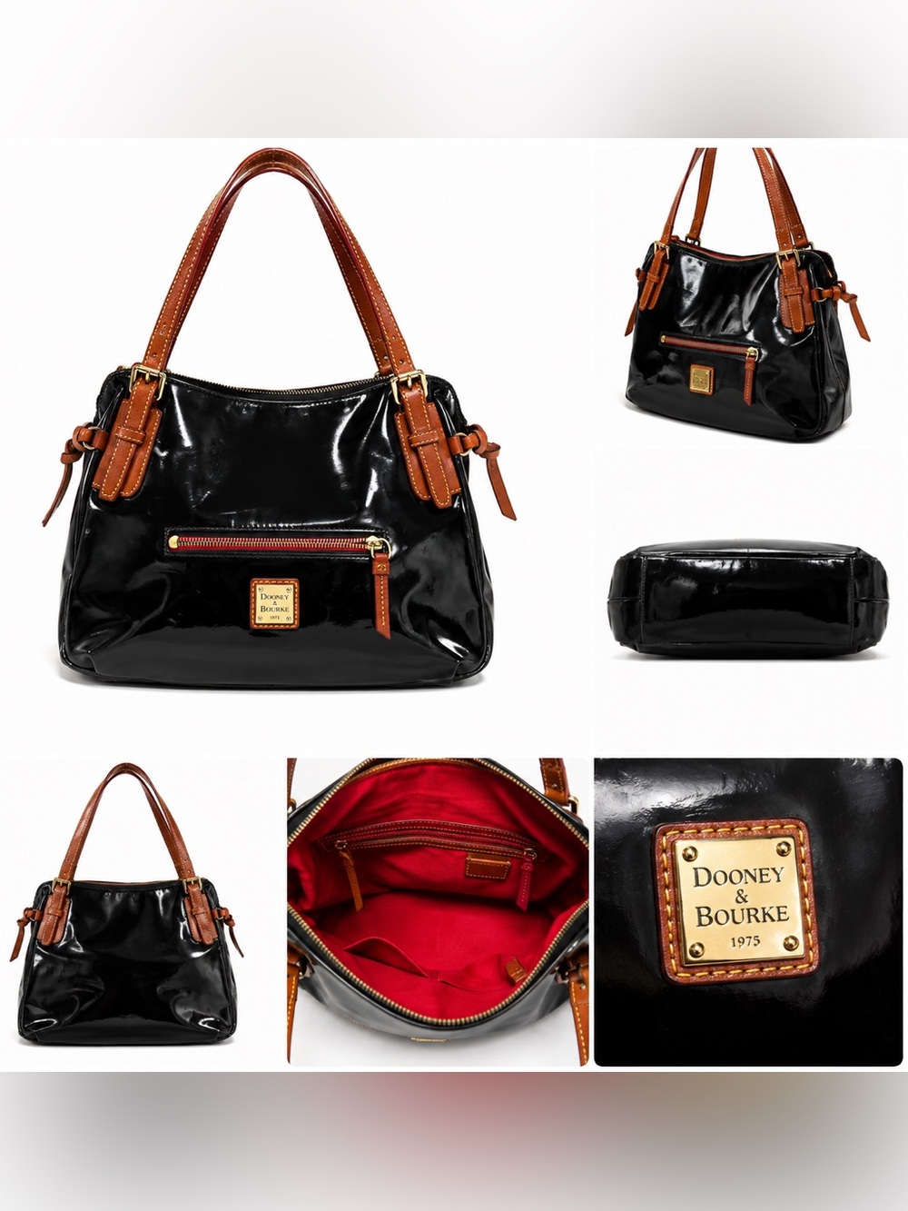 Dooney & Bourke Black Patent Shoulder Bag with Brown Trim and Red Interior